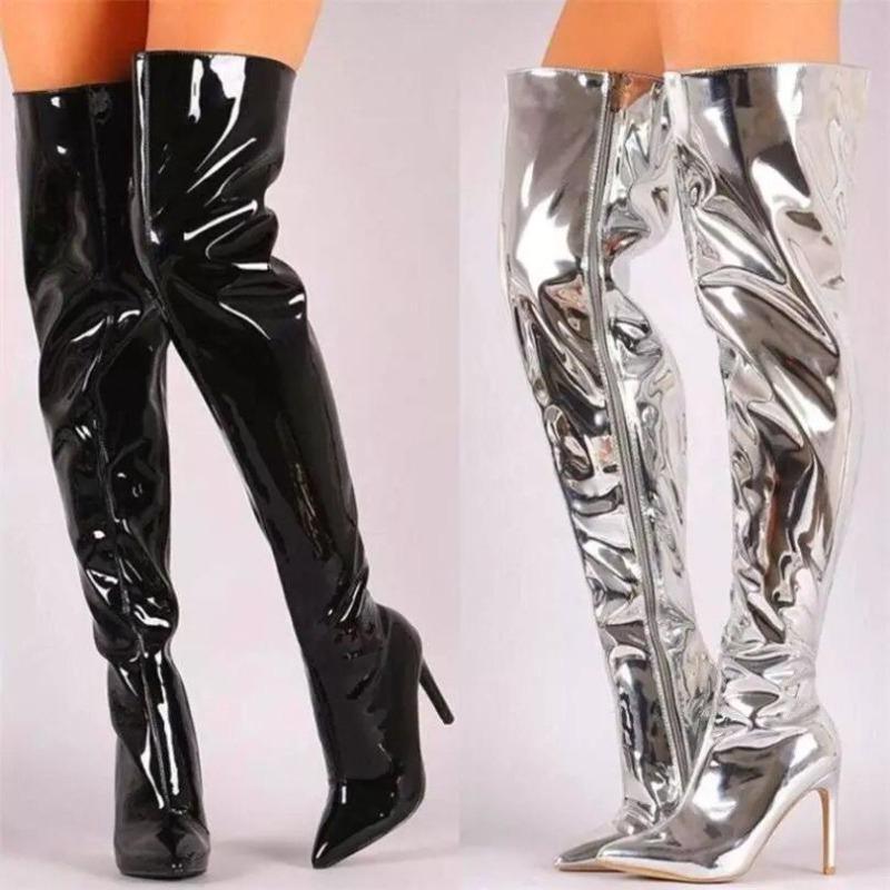 Large Size Bright Patent Leather Thin Heel Sexy Boots Nightclub Pole Dance Boots Super High Heel Side Zipper Over Knee Boots Pointed Boots