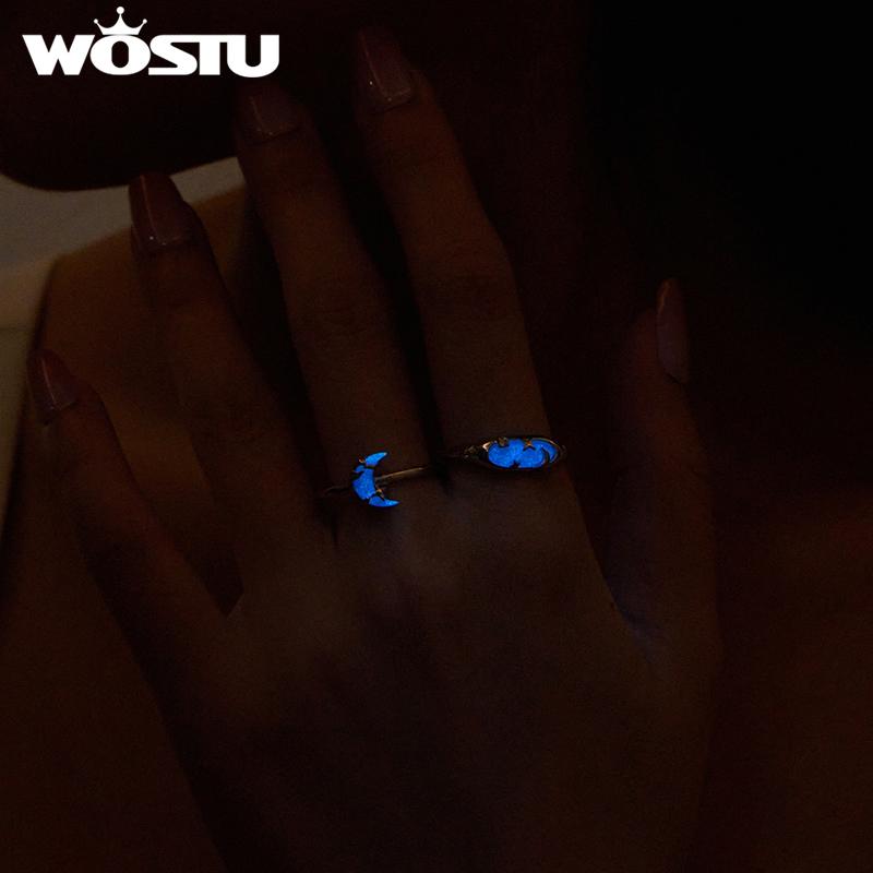 WOSTU 925 Sterling Silver Luminous Ring Glow in The Dark Moon Star Ring for Women Star Moon Minimalist Astronogy Lover Gift