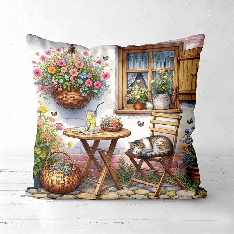 Charming Window With Flowers And Cat Pattern Pillows Polyester Pillowcase, Sofa Decorative Cushion Cov Headboard Pillow