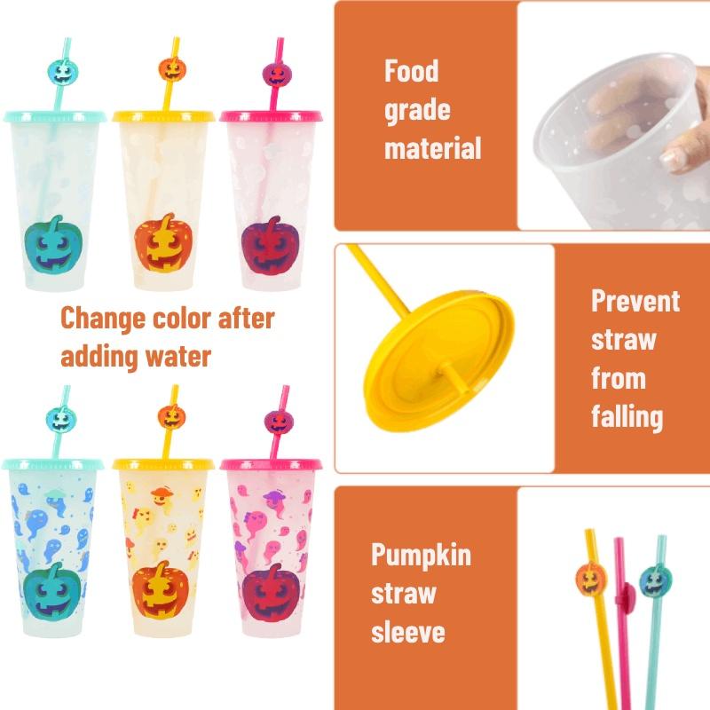 Plastic Colorchanging Cold Halloween Pumpkin Cup With Straw Capacity Large