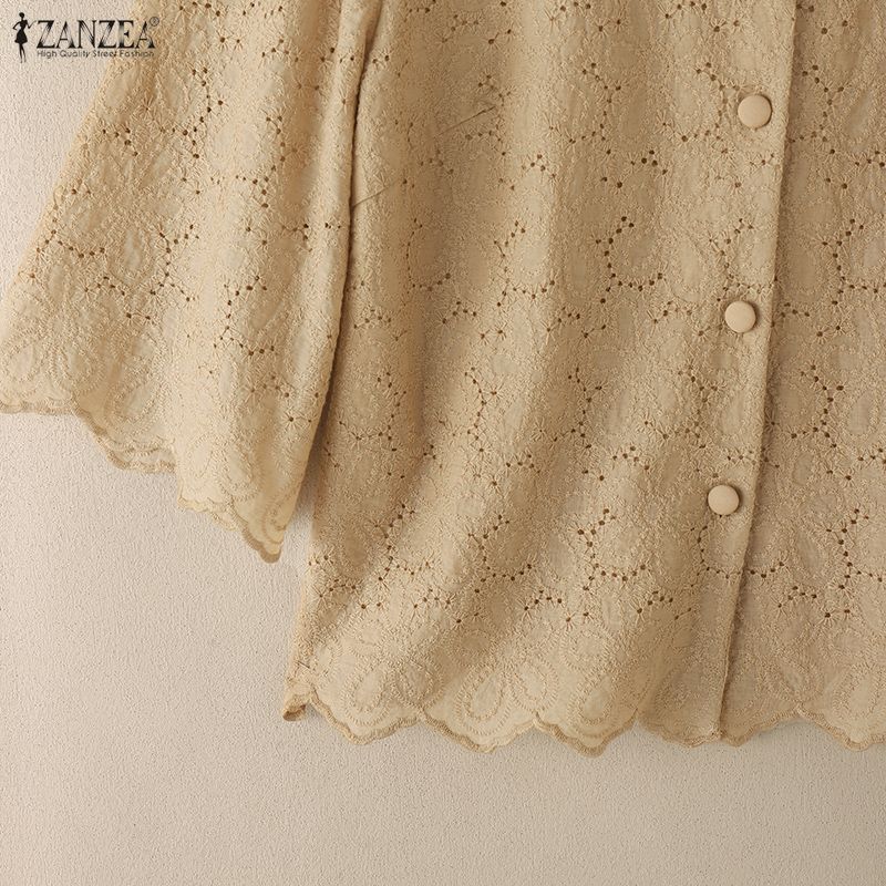 ZANZEA Women Casual Round Neck 3/4 Sleeve Lace Crochet Patchwork Loose Blouse