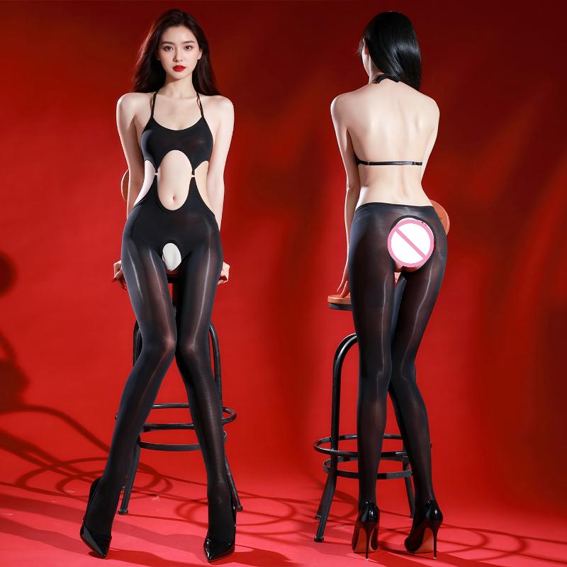 Women Sexy Jumpsuit Oil Shiny Black Stockings 5d Ultra-Thin Perspective Tight Open Crotch Bodystocking Night Club Wear