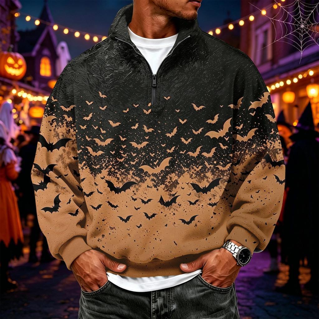 Men's Flannel 1/4 Zip Long Sleeve Sweatshirt with Halloween Print for Casual Wear