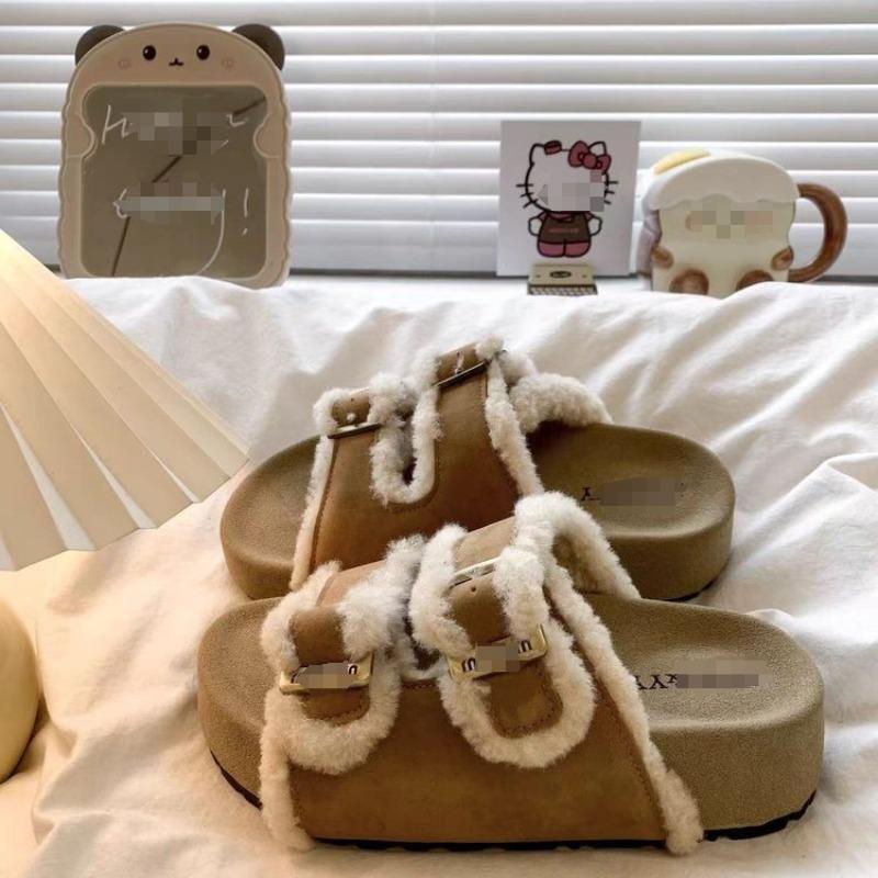 

Retro thick-soled fluffy slippers outer wear women s autumn and winter new simple and versatile velvet one-word cotton slippers 40 верблюд
