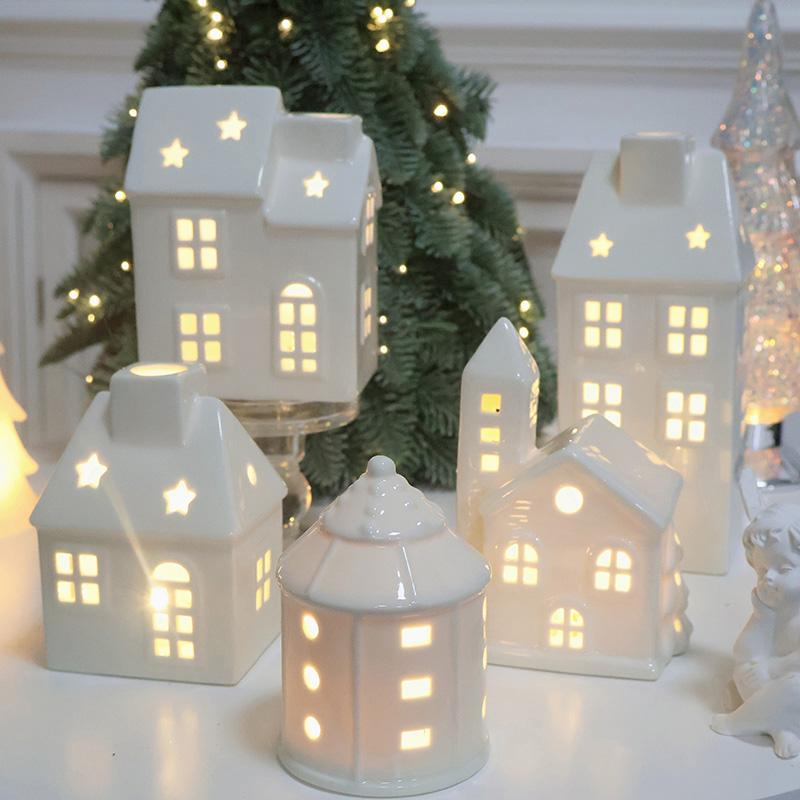 Ceramic Led Night Lights Winter White Snow House Miniature Lamp Christmas Festive Atmosphere Decorative Ornaments Crafts Gifts