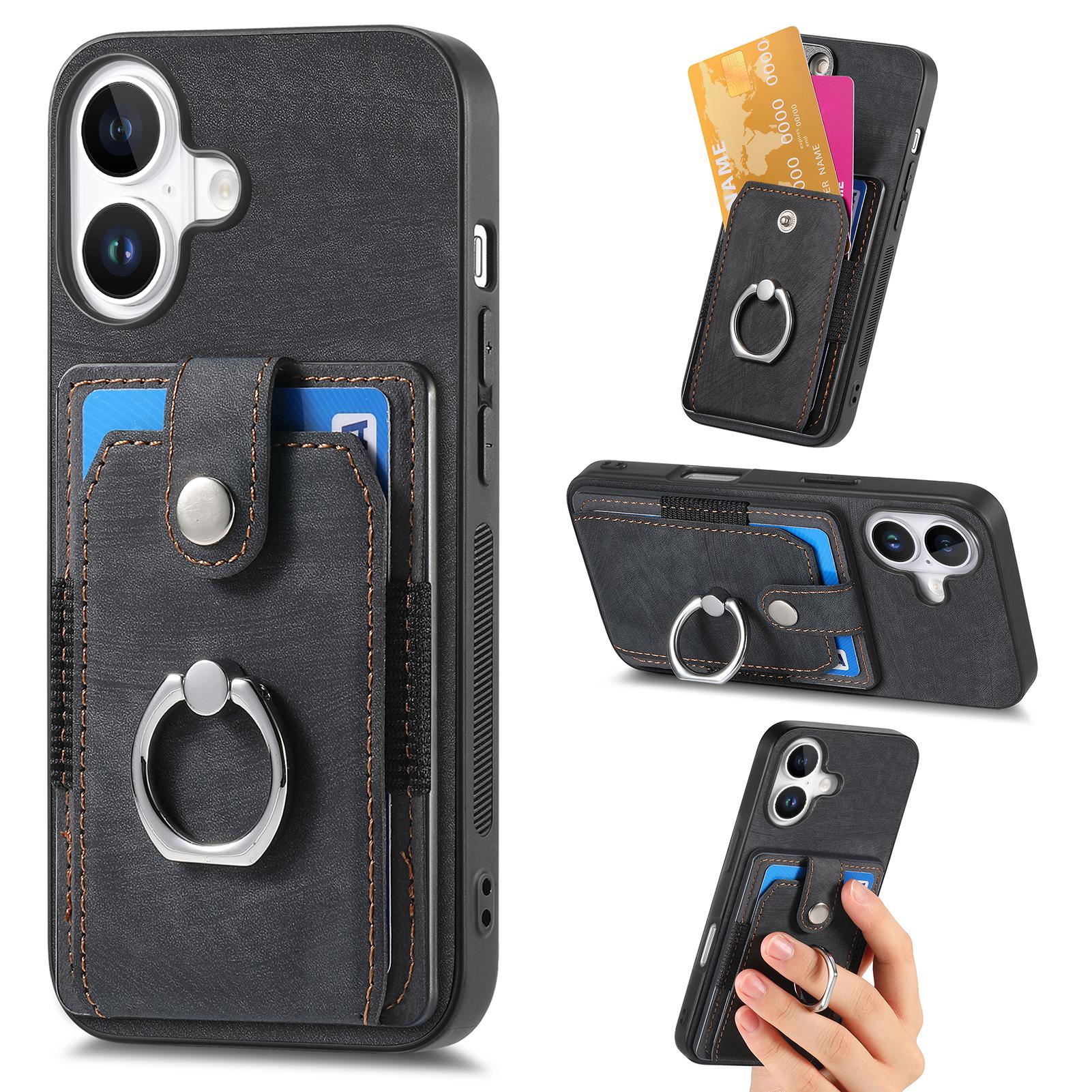 

D2 for iPhone 16 Case Kickstand Leather+TPU Non-Slip Protective Cover Card Slots Black