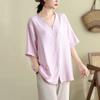 Cotton and Linen Plus Size Women's Summer New V-neck Striped Button Pullover Top Loose Slimming Shirt for Fat People