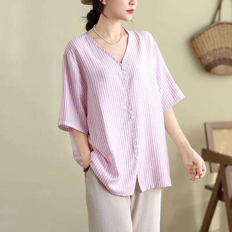 Cotton and Linen Plus Size Women's Summer New V-neck Striped Button Pullover Top Loose Slimming Shirt for Fat People