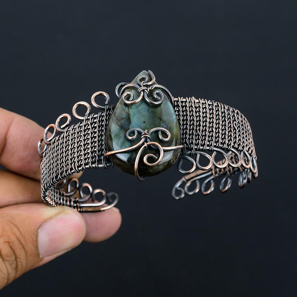 Labradorit Handgjord Koppartrådsinlindad Armring Justerbar w2W05