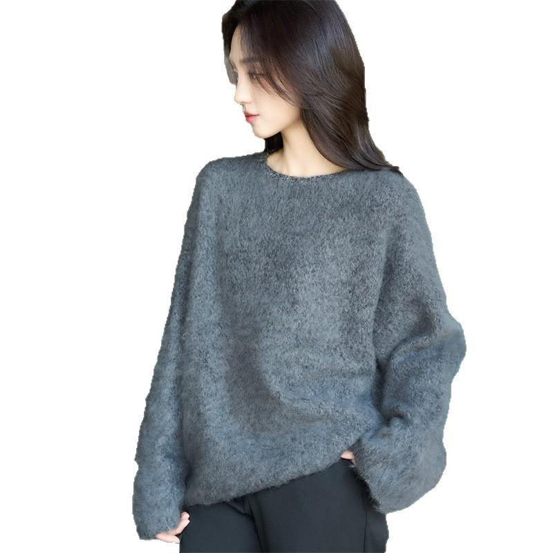 Premium French Wool Long-Haired Plush Round Neck Sweater for Women - Cozy Autumn/Winter Casual Style.