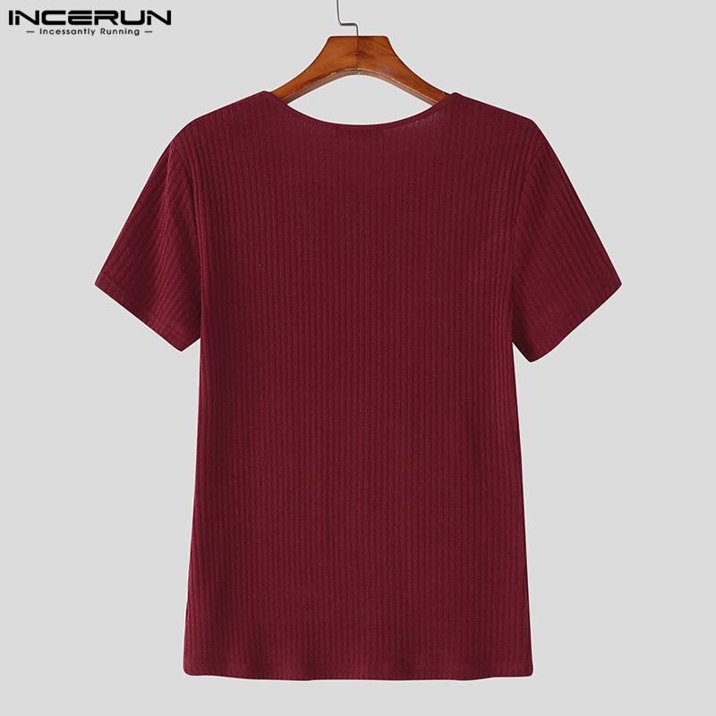 INCERUN Summer Men Square Collar Short Sleeve Zip-up Casual Rib Skinny T-shirts