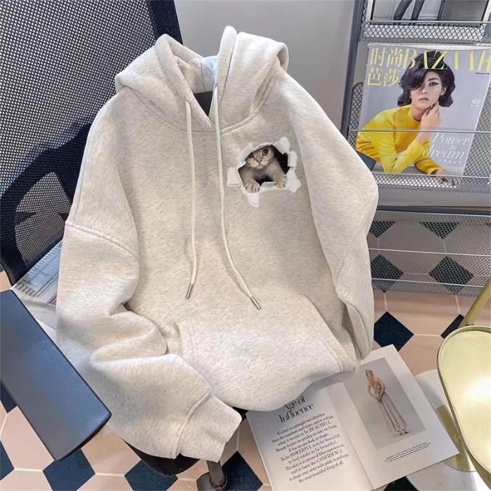 American trendy brand fun cat hooded sweater male and female loose student cute velvet jacket