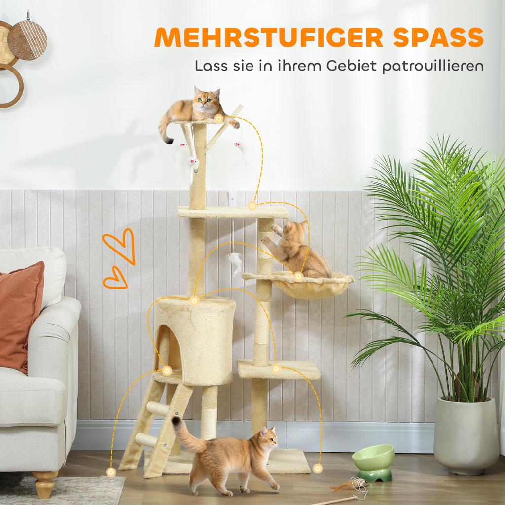 Multi-Level Cat Tower, 134cm Cat Tree with Condo and Sisal Scratching Posts for Indoor Kittens, Beige