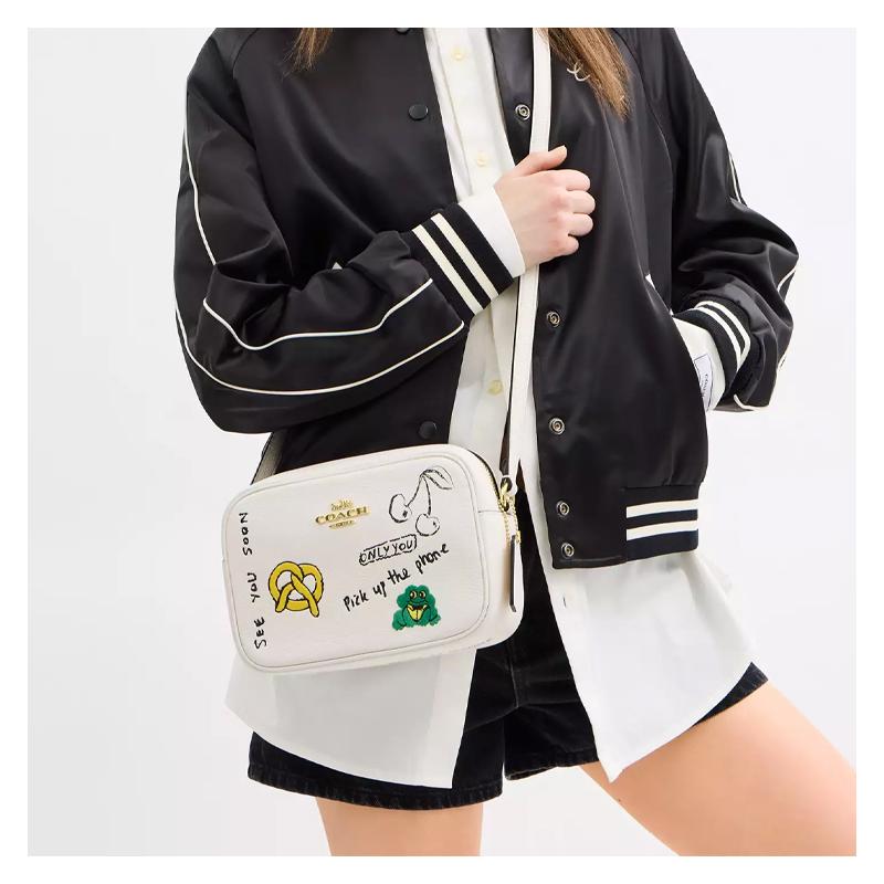 Coach Jamie 22 Sketch Print Pebbled Leather Camera Bag Shoulder Bag Small Women’s Chalk White