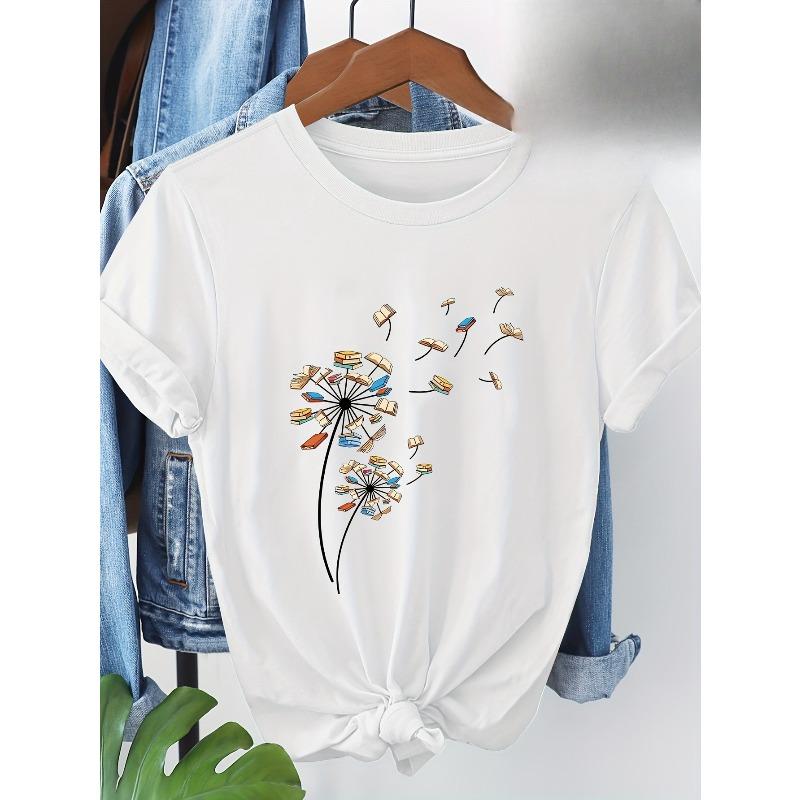 European Sizes Women'S Short Sleeve T-Shirt with Colorful Dandelion Print - Casual Crew Neck, Lightweight & Breathable for Spring/Summer
