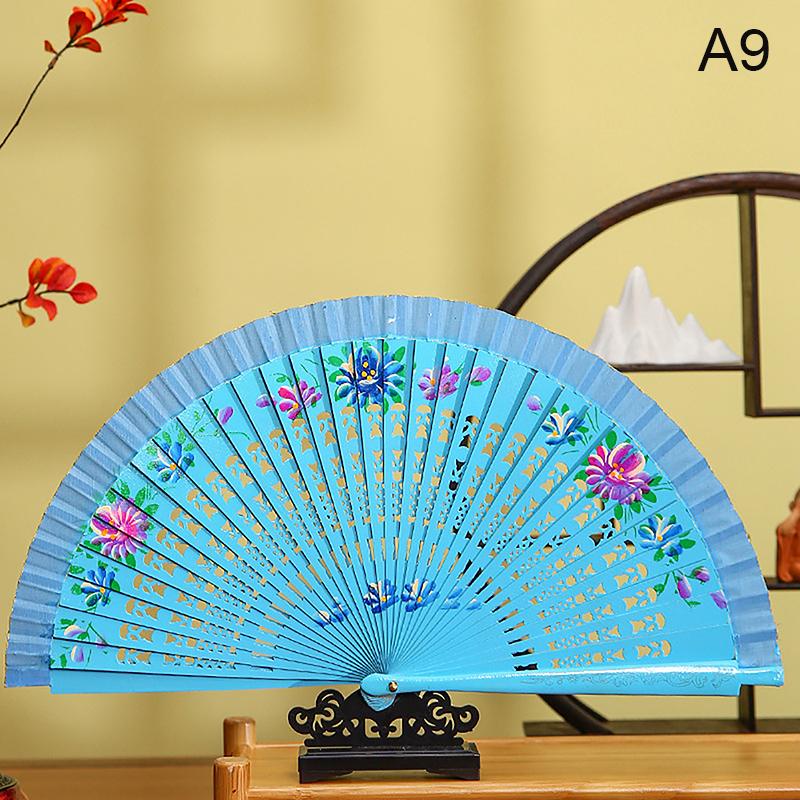 

Китайский стиль двухсторонний складной веер полый двухсторонний подарок для творчества танцы печать дерево испанский ручной веер праздничные принадлежности as the picture