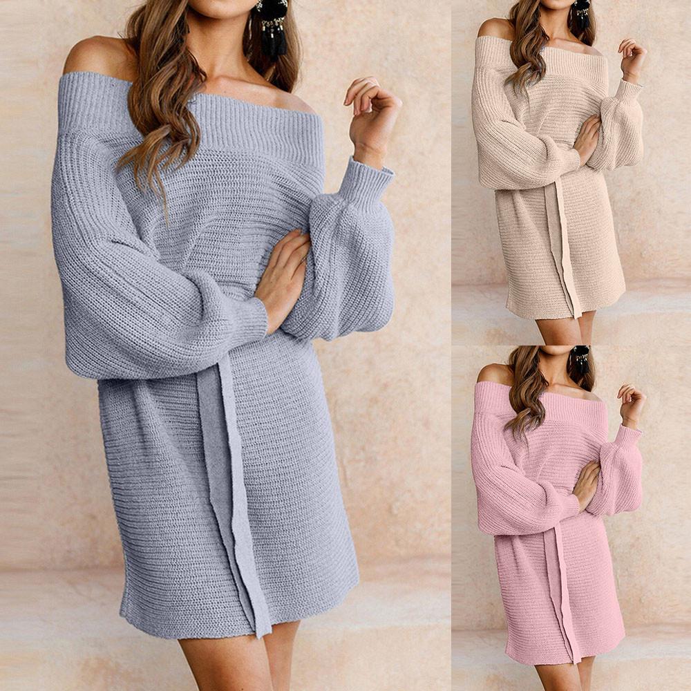 

Женщины Зима Сексуальный Длинный Рукав Твердый Плечевой Пояс Вязаный свитер Платье