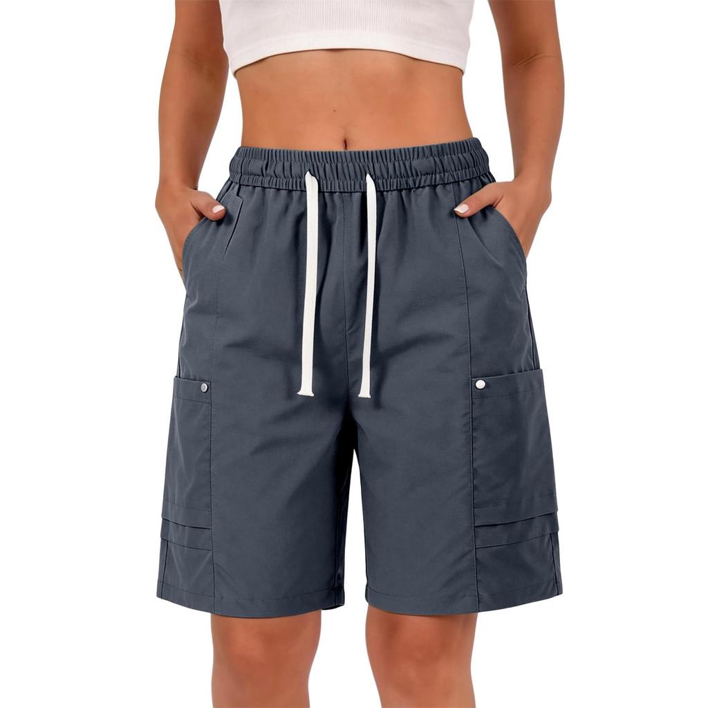 Women’s Summer Loose Fit Drawstring Waist Cargo Shorts with Pockets for Hiking Travel Casual Relaxed Wide Leg Design