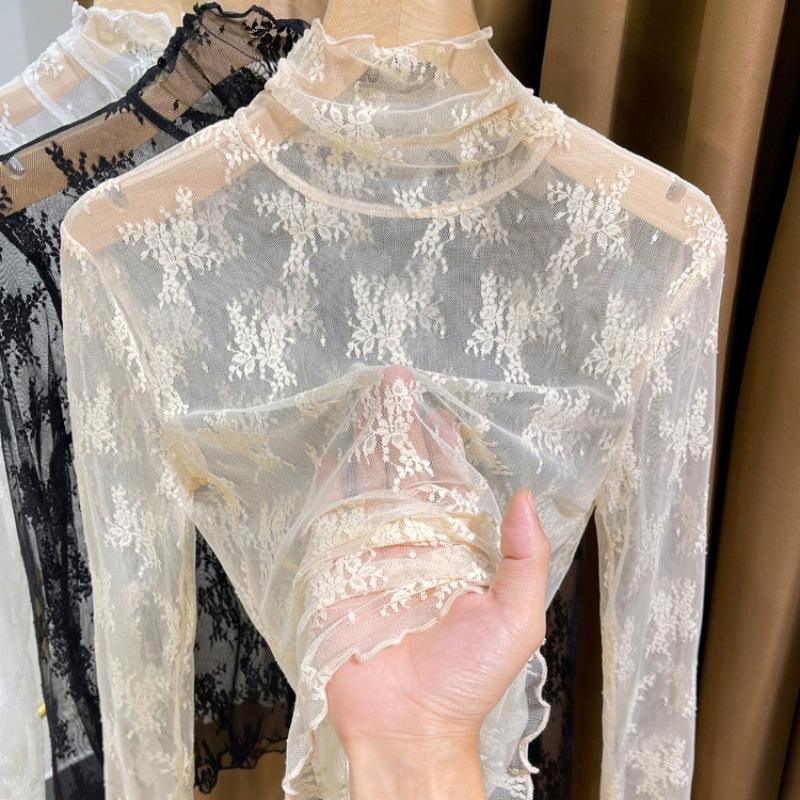 

Lace turtleneck bottoming shirt women s autumn and winter, annual hollow thin mesh shirt with apricot long-sleeved top S