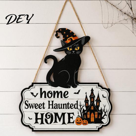 Scary Theme Party Decor Halloween Wooden Welcome Door Sign, Black Cat Ghost Pumpkin Hanging Indoor Outdoor Decorations for Porch, Rustic Farmhouse