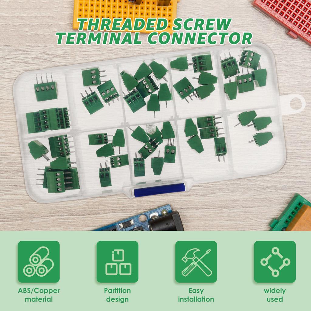 50PCS 2.54mm 0.1"Pitch PCB Mount Screw Terminal Block Connector 2P 3P 4P Terminals 150V 6A for 26-18AWG Cable