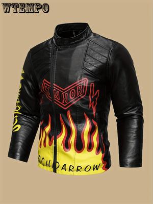 Męska skórzana kurtka z nadrukiem czaszki i płomieni - Street Style Cool Handsome Motorcycle Riding Jacket - skóra PU - dla mężczyzn