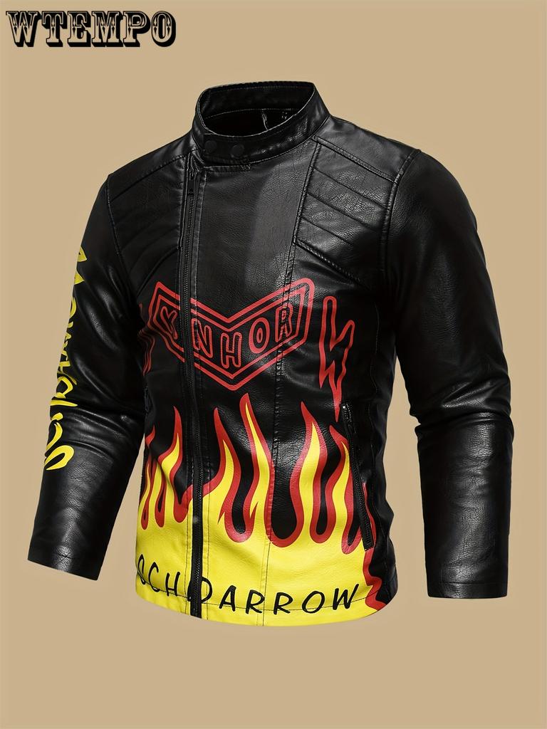 Men's Skull & Flames Print PU Leather Jacket - Street Style Cool Handsome Motorcycle Riding Jacket - PU Leather - for Men