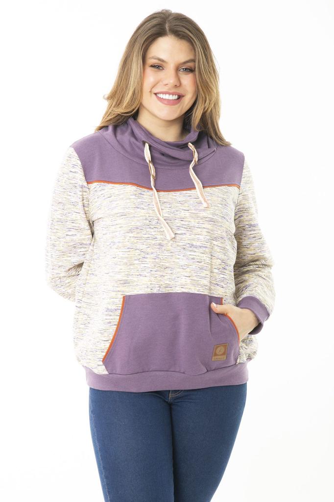 Women's Style Big Size Sweatshirt Large Size Eyelet Lace And Ornamental Button Detailed Kangaroo Pocket High Collar Sweatshirt