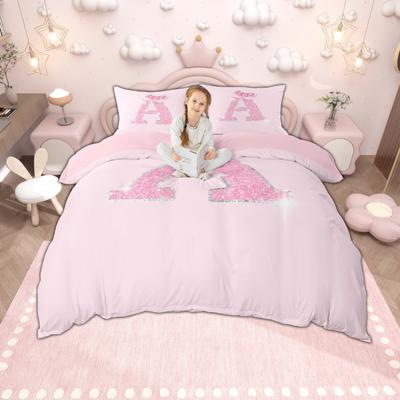 Homewish Personalized Initial Letter Duvet Cover Set 2pcs/3pcs, Dreamy Pink Bow Knot Bedding for Girls, Glitter Print Decor
