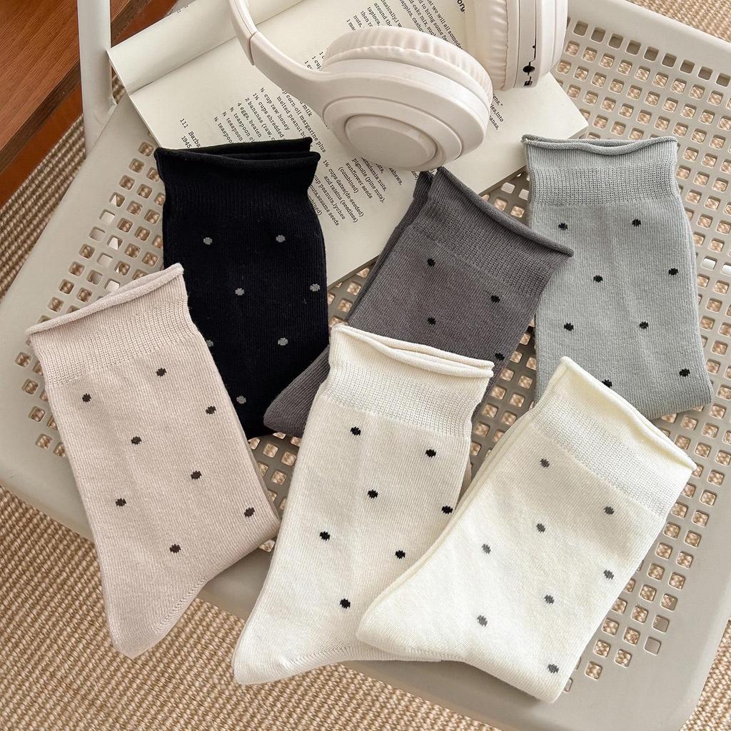 Women's Fall Ballet-Style Polka Dot Mid-Calf Cotton Scrunch Socks with Rolled Edge