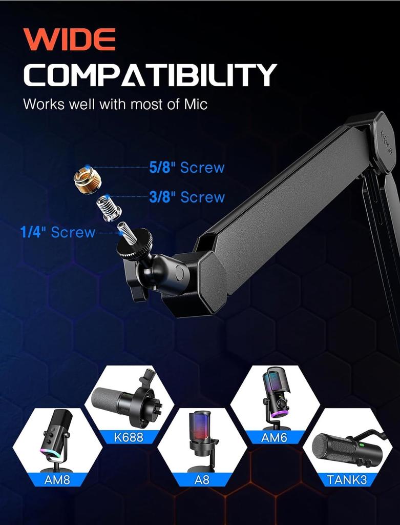 FIFINE Boom Arm Microphone Stand, Desktop Microphone Stand with Extension Pole, Telescoping and Folding, 360° Rotation, Adjustable Angle, 14" To 38"