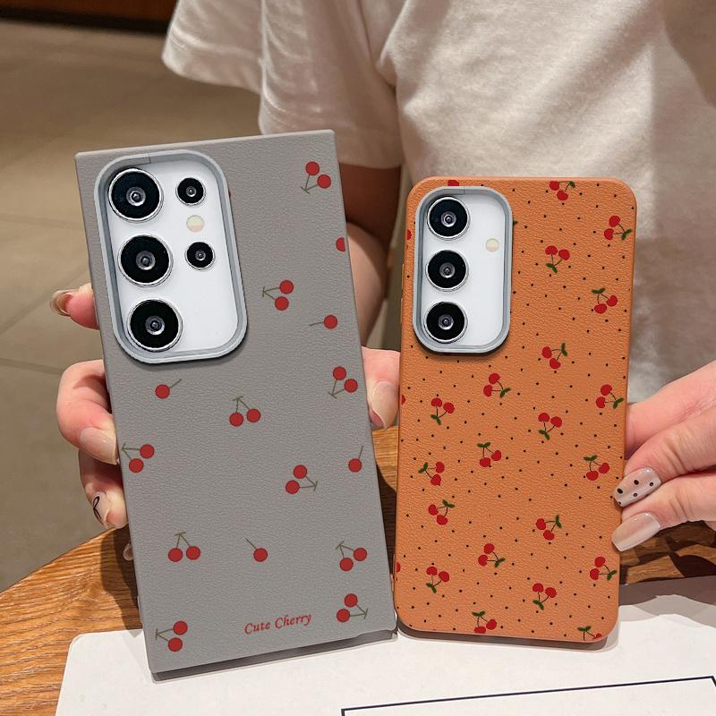 Cherry Wave Point Print Soft Phone Case For Samsung S25 Ultra S24 FE S23 S22 A16 A56 A55 A36 A15 A26 TPU Matte Leather Texture Shockproof Slim Cover