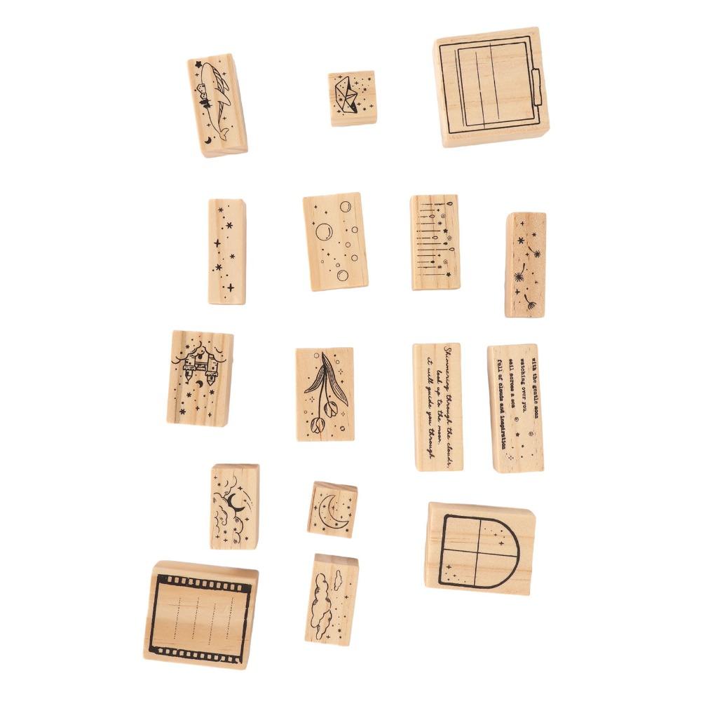 16pcs Delicate Carving Wooden Rubber Stamp Set Clear Imprint Rectangle Stamp Set  For DIY Crafts