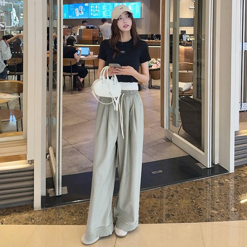 Rough edge tassel washed cotton pants women's spring and summer new small wide-leg pants high waist nine-point straight pants