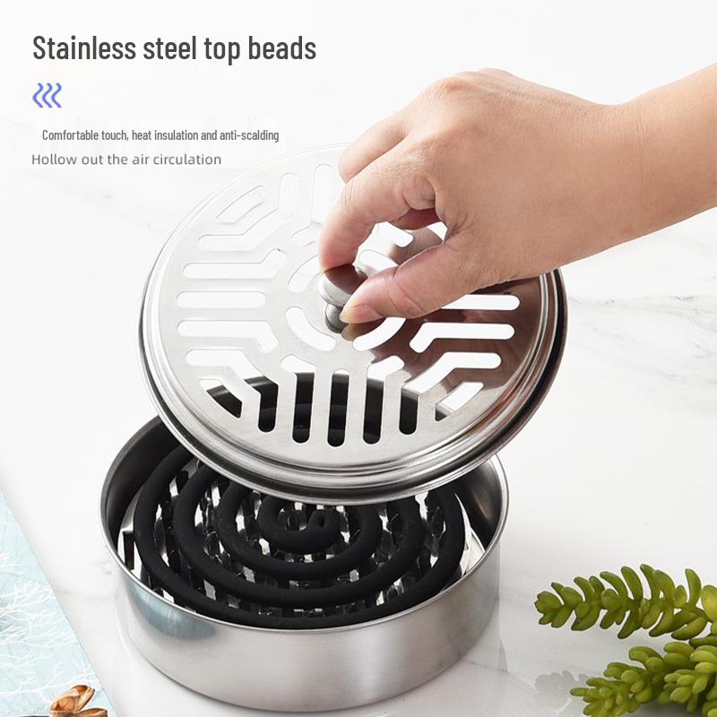 Stainless Steel Mosquito Coil Holder with Lid and Ash Catcher - Fireproof, Non-Scalding Outdoor Incense Burner.