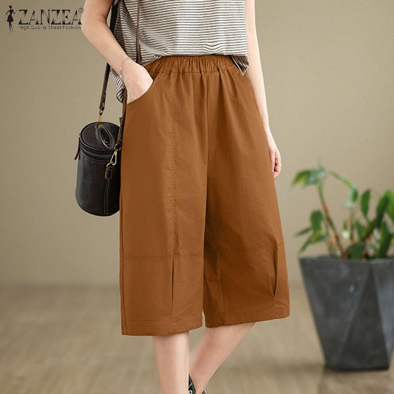 ZANZEA Women Casual Elastic Waist Loose Summer Capri Pants