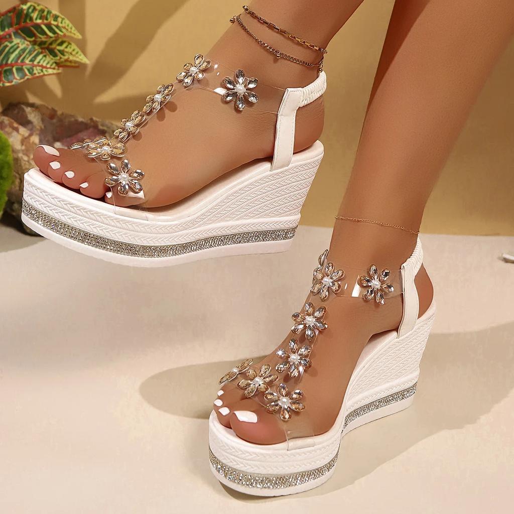 Fashion Crystal Flower Decor Chunky Platform Sandals Women 2025 Summer Thick Bottom Wedge Sandals Woman Plus Size 43 Sandalias Mujer