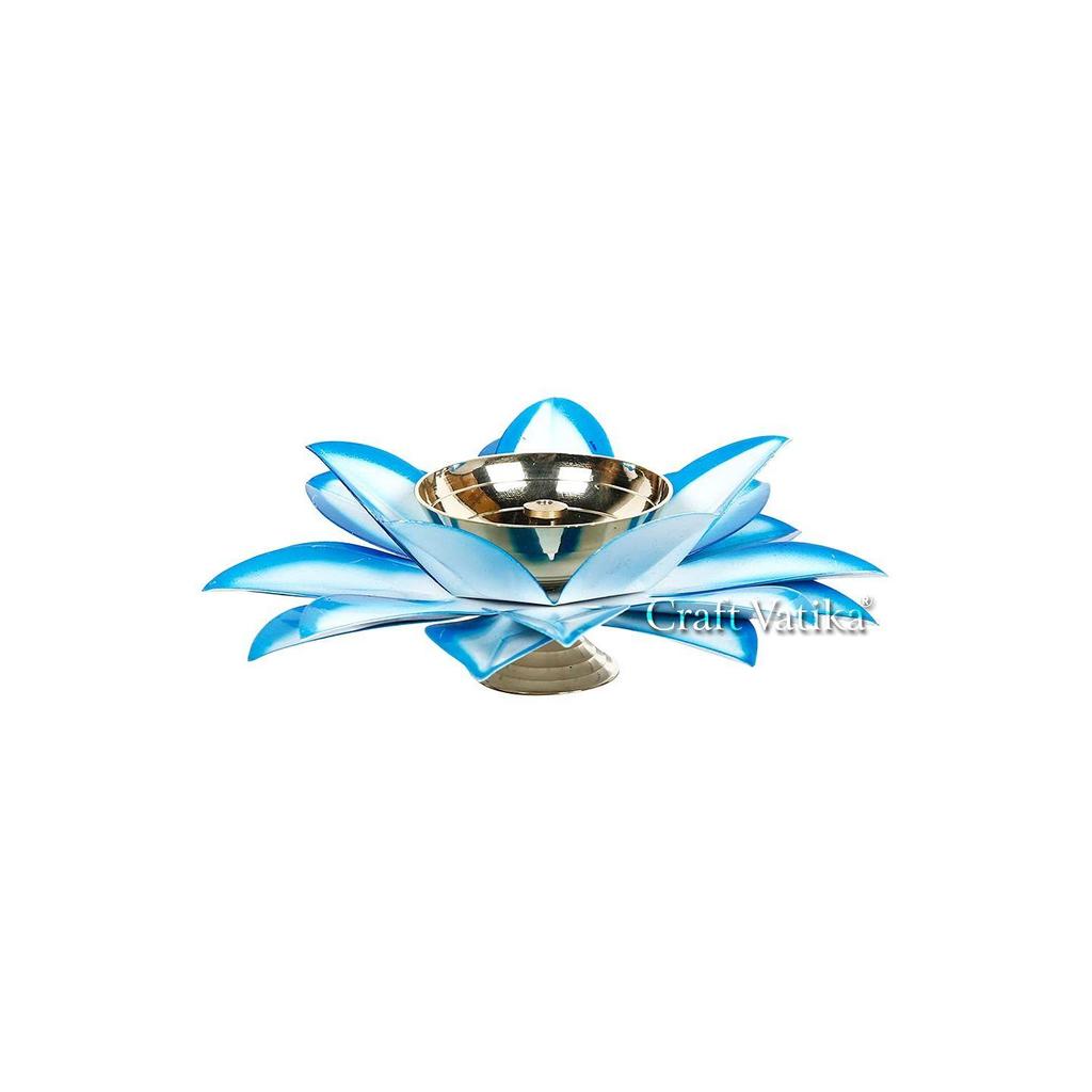Brass Diya Oil Lamp Stand Lotus Kamal Patti Diyas for Puja Home Temple Decor (Sky Blue)