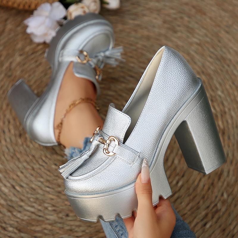 Fashion Fashion Tassel Metal Decor Super High Heels Shoes for Women 2025 New Slip On Chunky Platform Pumps Woman Gold Silver Party Shoes