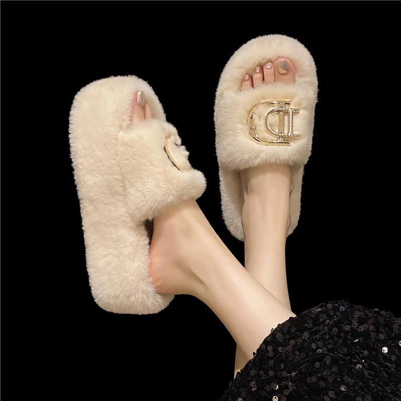 Wear Versatile Warm Winter Slippers Women Outer Velvet Cotton Winter Slippers Thick Bottom Word with Velvet Slippers Women