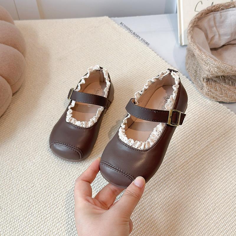 

Trend Square Toe Children Shoes Princess Pure Color Shallow Ruffles Lace-Trimmed Walking Shoes Girl School Vacation Shoes I10291 21 коричневый
