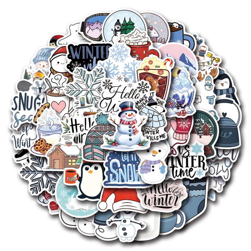 55 Waterproof Cartoon Winter Stickers for Stationery and Decorations.