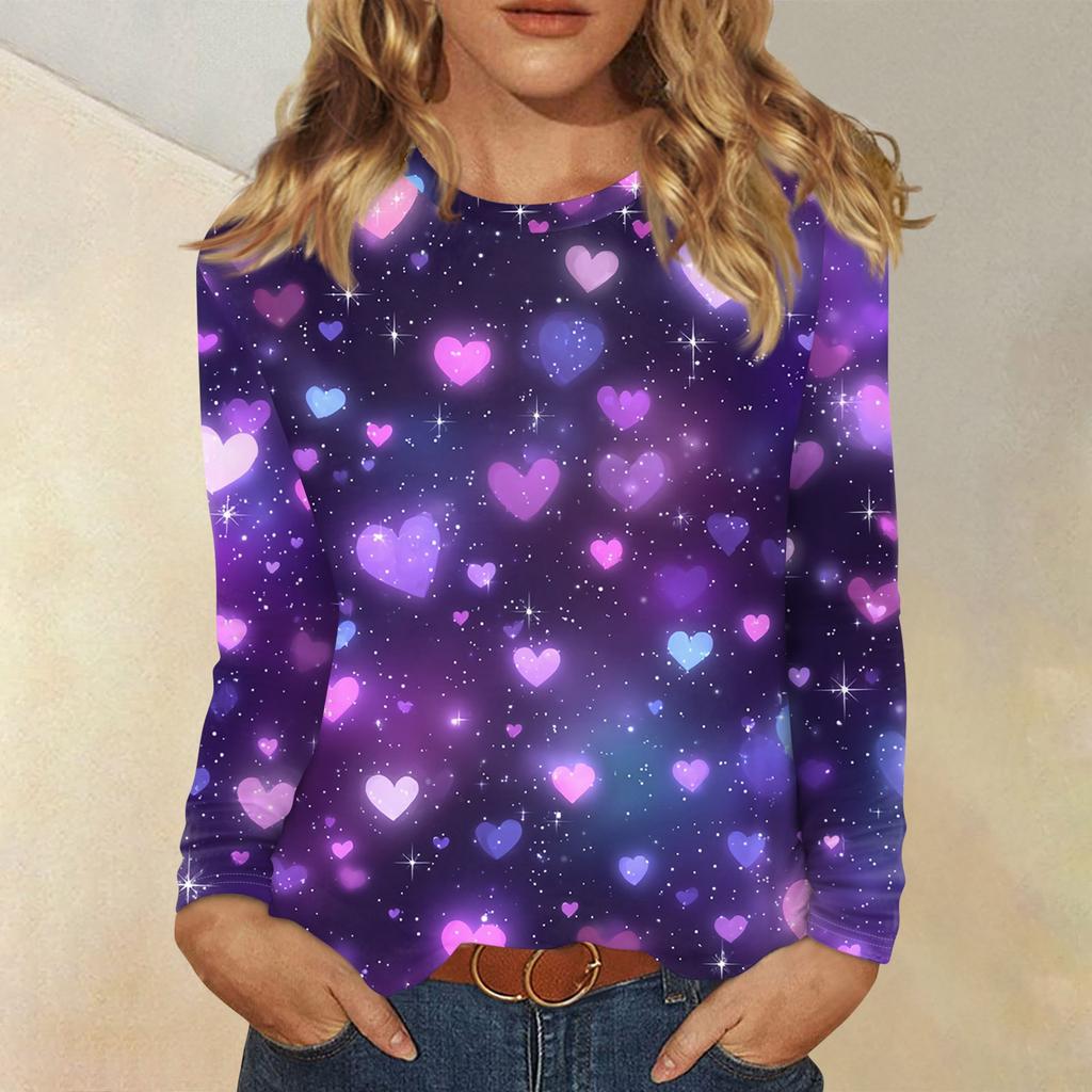 Women's Valentine's Day Fashionable Heart Print Round Neck Long Sleeve Pullover Top