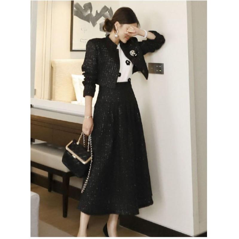 Temperamentvolles und elegantes Set für Damen im Frühling und Herbst, kurze Tweedjacke + taillenverengender großer Swingrock, zweiteiliges Set