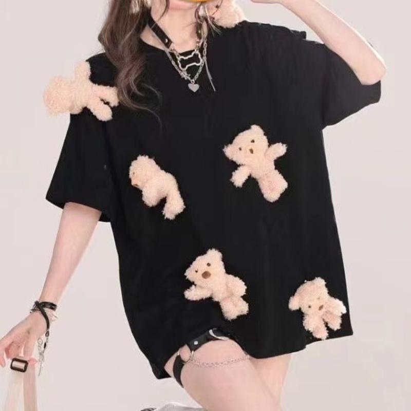 

Женская футболка из чистого хлопка с 3D-подвеской в виде плюшевого мишки, однотонная, с круглым вырезом, свободного кроя, в милом стиле, женский пуловер XXL чёрный
