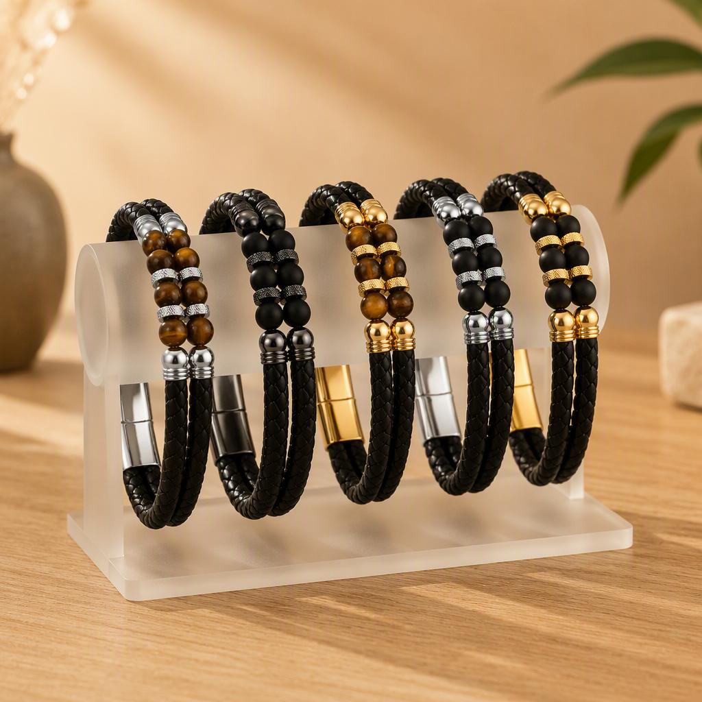 Tempusort Fashion Jewelry Tiger Eye Stone Beaded Multi Layer Braided Leather Stainless Steel Bracelet for Men Anniversary Gifts
