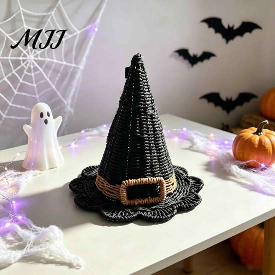 Fantasy Aesthetic Home Decor Handwoven Witch Hat, Gothic Wizard Costume Headpiece for Halloween Vintage Style Photography Props Party, Spooky Tabletop