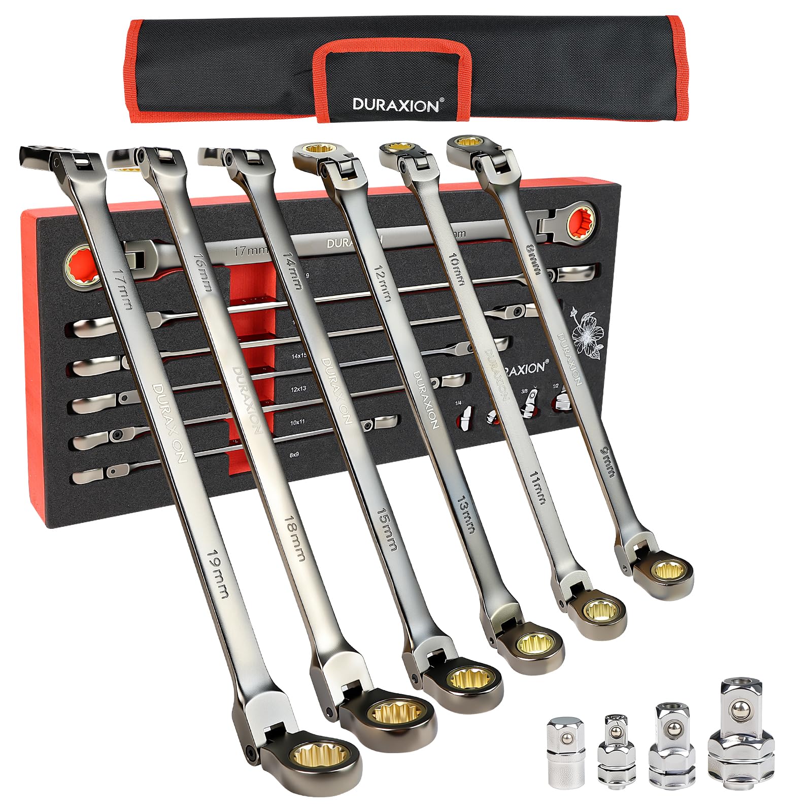 

DURAXION Combination Wrench Swivel Set Long Combination Flex Ratchet Feed CRV for Machinery Maintenance and Suitable for Bolts and Automotive Repair