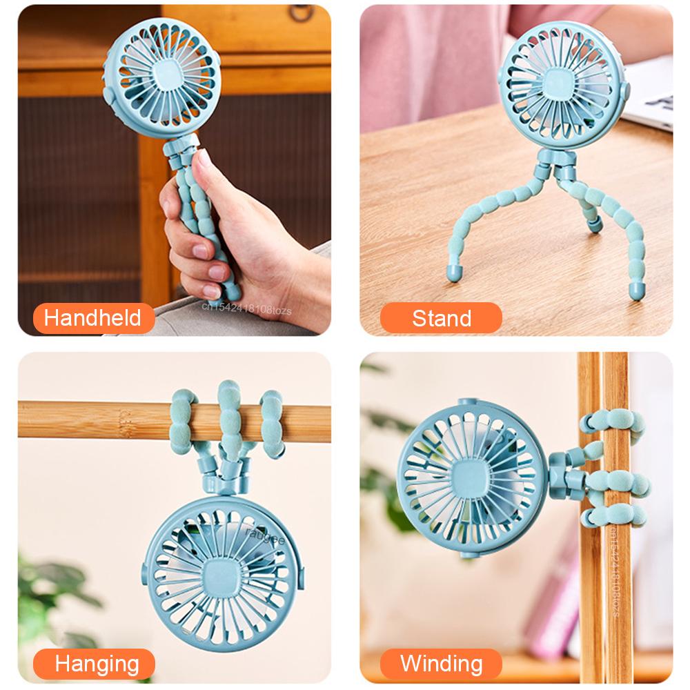 Tragbarer Kinderwagen-Ventilator Mini Baby Clip-Ventilator Intelligenter Oktopus Handventilator 360° drehbar Fahrrad Auto Stativ-Ventilator Wiederaufladbarer Clip-Ventilator