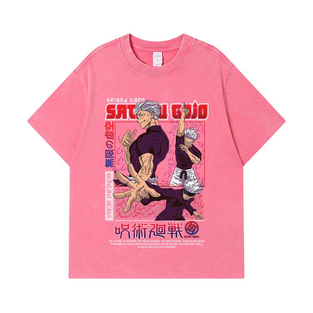 275 GSM Washed T-shirts 100% Cotton Jujutsu Kaisen V25 Gojo Print Unisex Heavy Cotton T Shirt